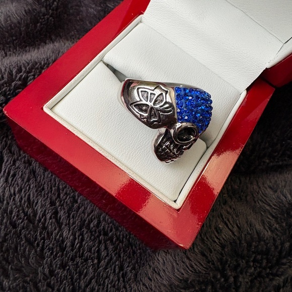 Stainless Steel Skull Ring with Blue Crystal Top. 
Beautiful Vivid Blue Sparkle. - Picture 8 of 12